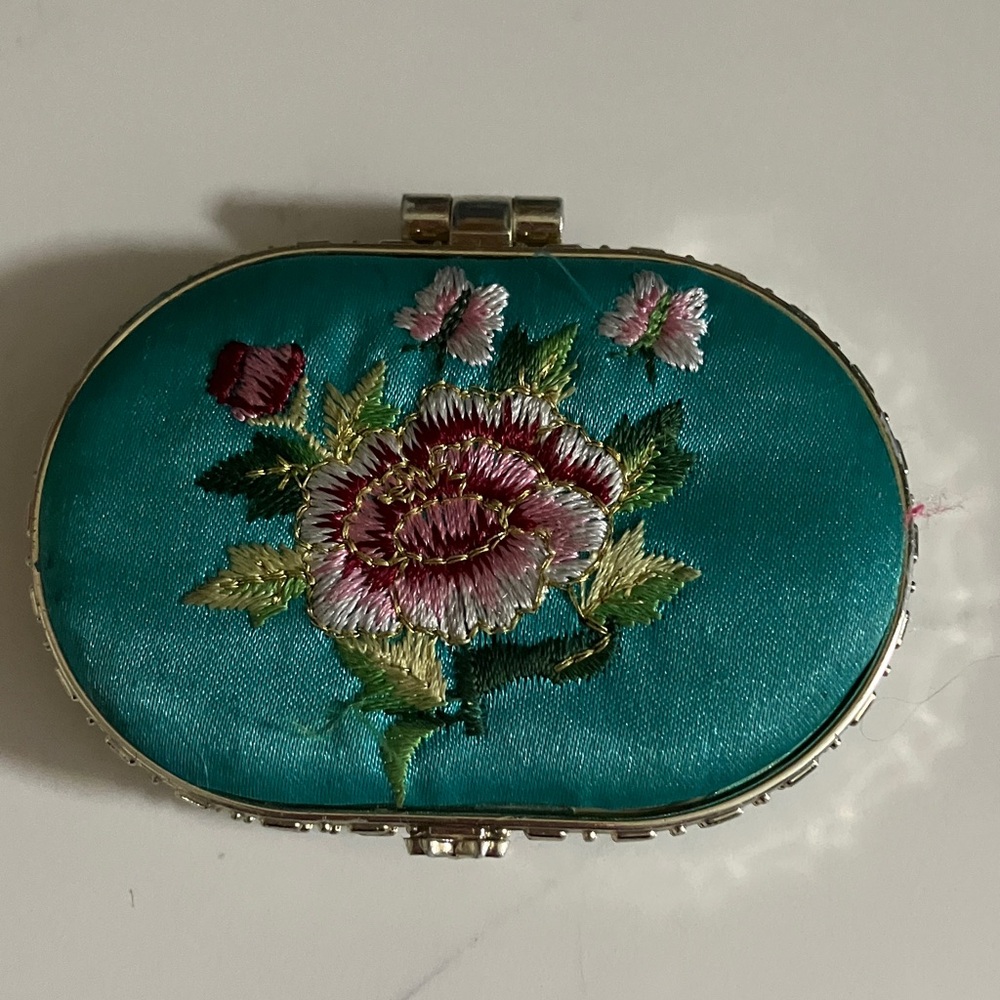Floral Embroidered Teal Cosmetic Case